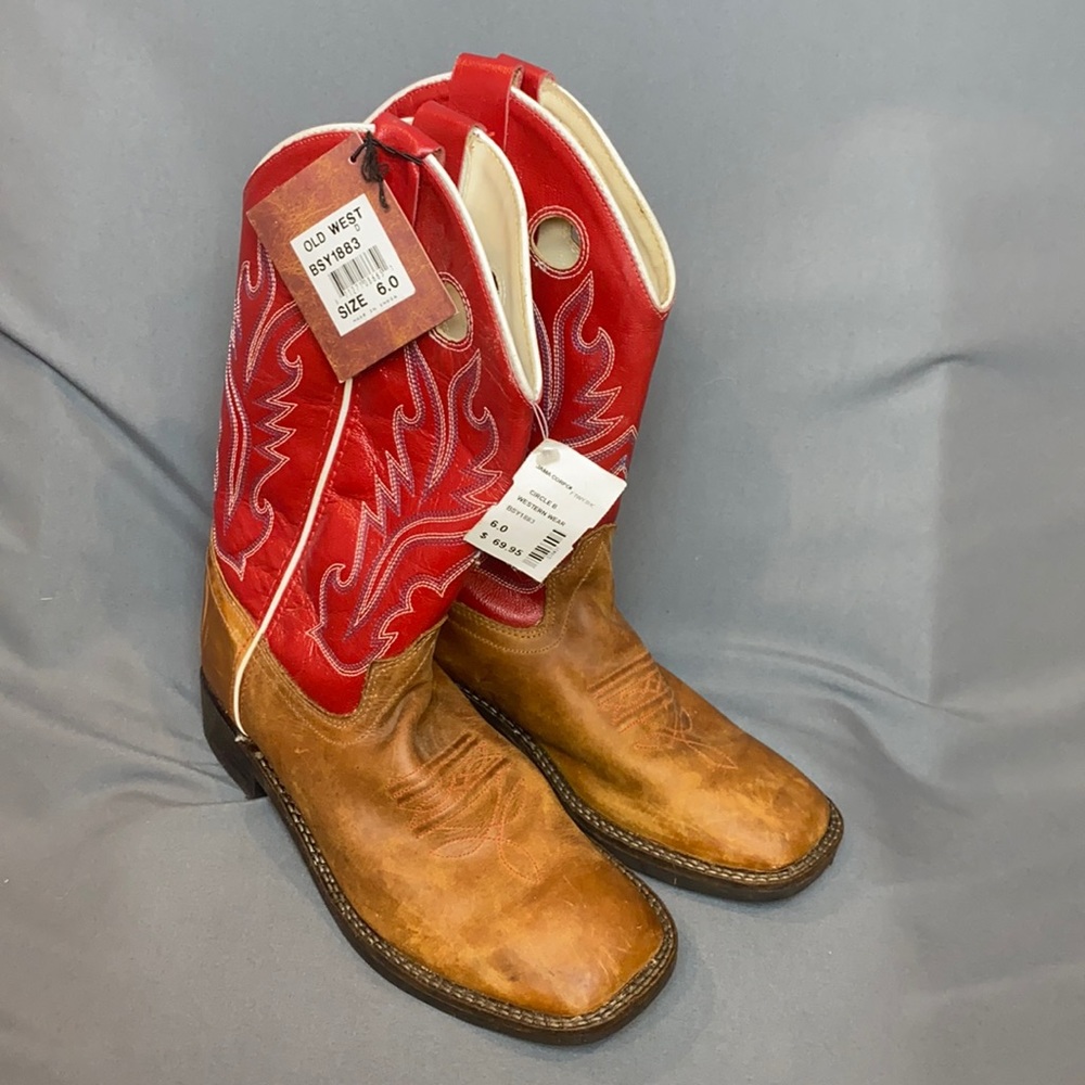Old West Red/Tan Leather Upper Cowgirl Boot/Roper